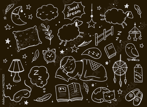 Sleep, relax time, dream night doodle set on chalkboard background. Concept comfort night sleep time. Hand drawn sketch style. Moon, cat, star, lamp element. Vector illustration.