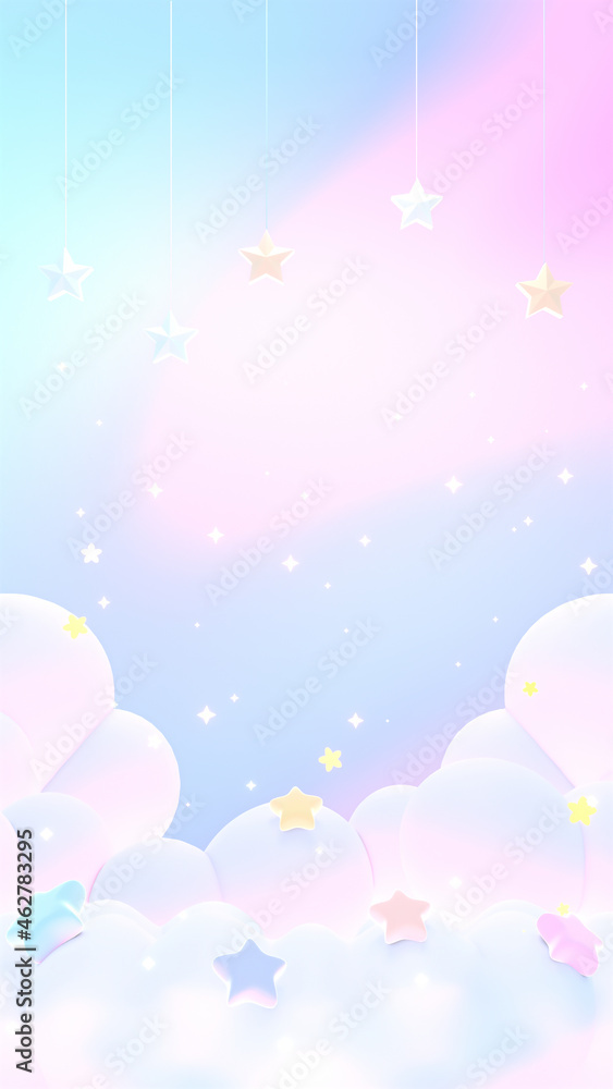 3d rendered vertical soft dreamy pastel clouds with hanging stars wallpaper.