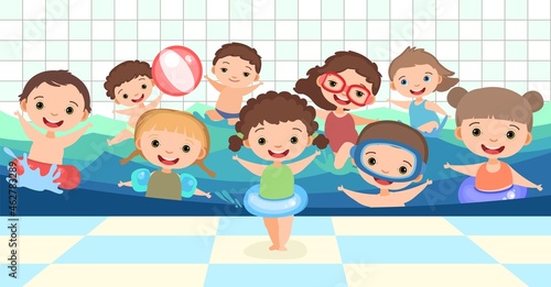 Children. Boys and girls. Have fun. Swimming pool with water waves. Wall with tiles. Swimming, diving and water sports. Illustration in cartoon style. Flat design. Vector art