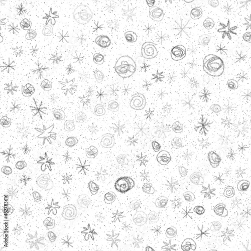 Hand Drawn Snowflakes Christmas Seamless Pattern. Subtle Flying Snow Flakes on chalk snowflakes Background. Amusing chalk handdrawn snow overlay. Emotional holiday season decoration.