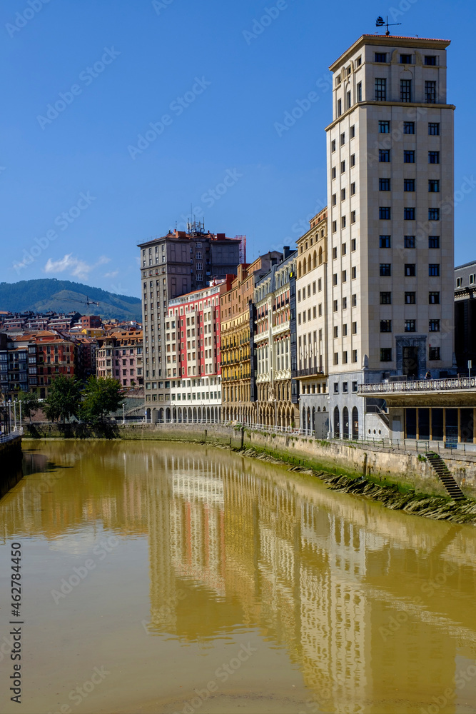 Spain, Biscay, Bilbao, City buildings along Nervion river canal Spain, Biscay, Bilbao, City buildings along Nervion river canal