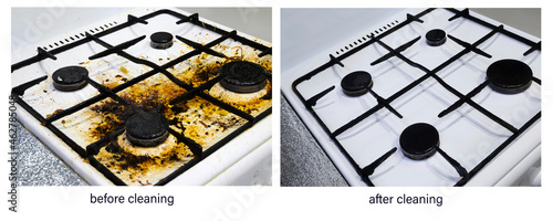 Before and after cleaning. Result of cleaning very dirty white kitchen gas stove side view. Example of successful operation of cleaning products, advertising of cleaning products, cleaning company.