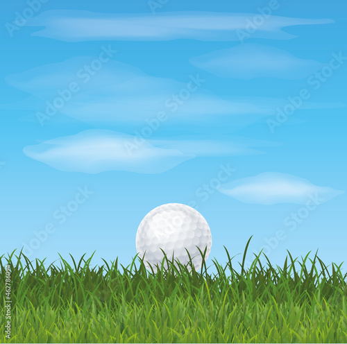 Golf Ball on Grass with Blue Sky Background