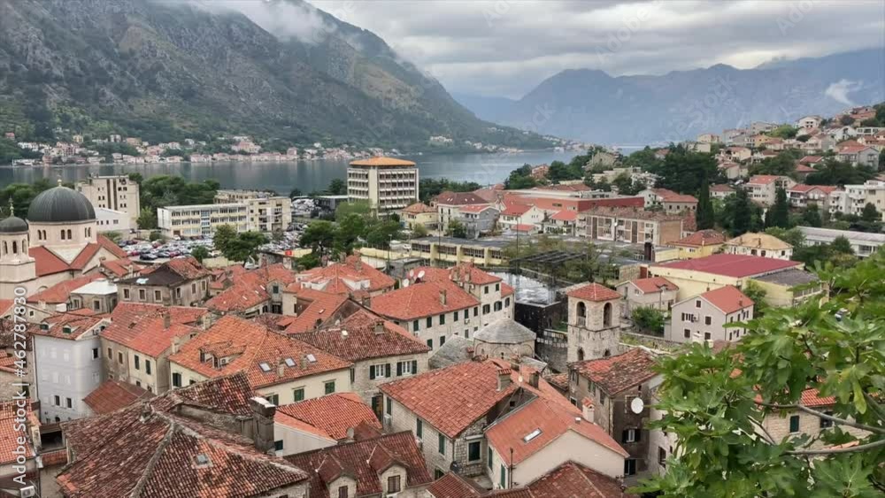 Beautiful shot panning over the historic medieval town of Kotor in Montenegro Beautiful shot panning over the historic medieval town of Kotor in Montenegro
