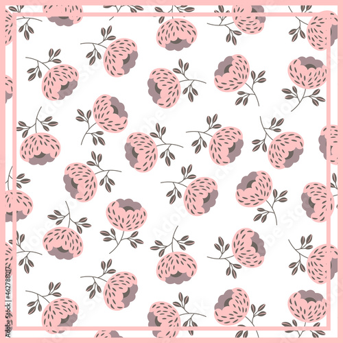 Print for kerchief, bandana, scarf, handkerchief, shawl, neck scarf. Squared pattern with ornament for fabric, textile, silk products. Paisley vector with flowers in nordic style.Floral folk tracery