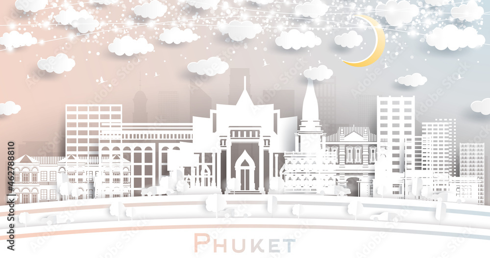 Phuket Thailand City Skyline in Paper Cut Style with White Buildings, Moon and Neon Garland.