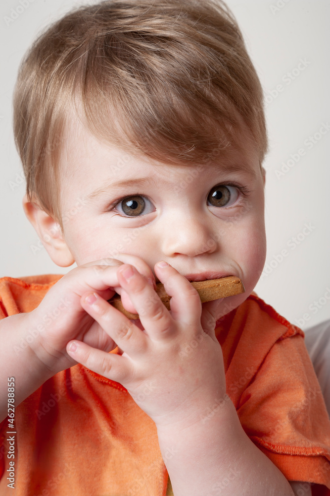 Baby boy in orange t-shirt eating biscuit Baby boy in orange t-shirt eating biscuit