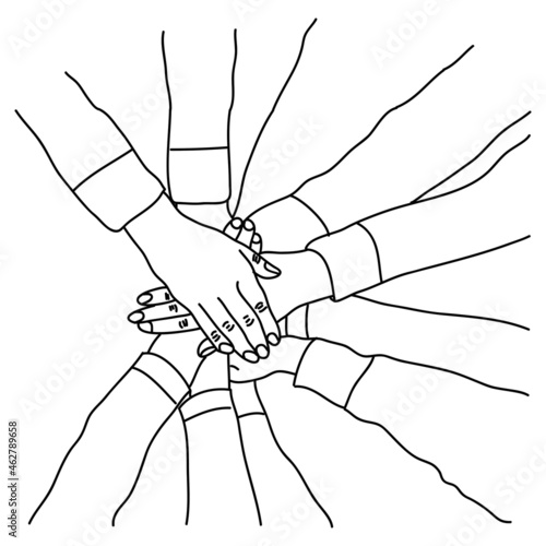 Illustration of hands of business team touching in circle for sign of unity and integrity. together concept