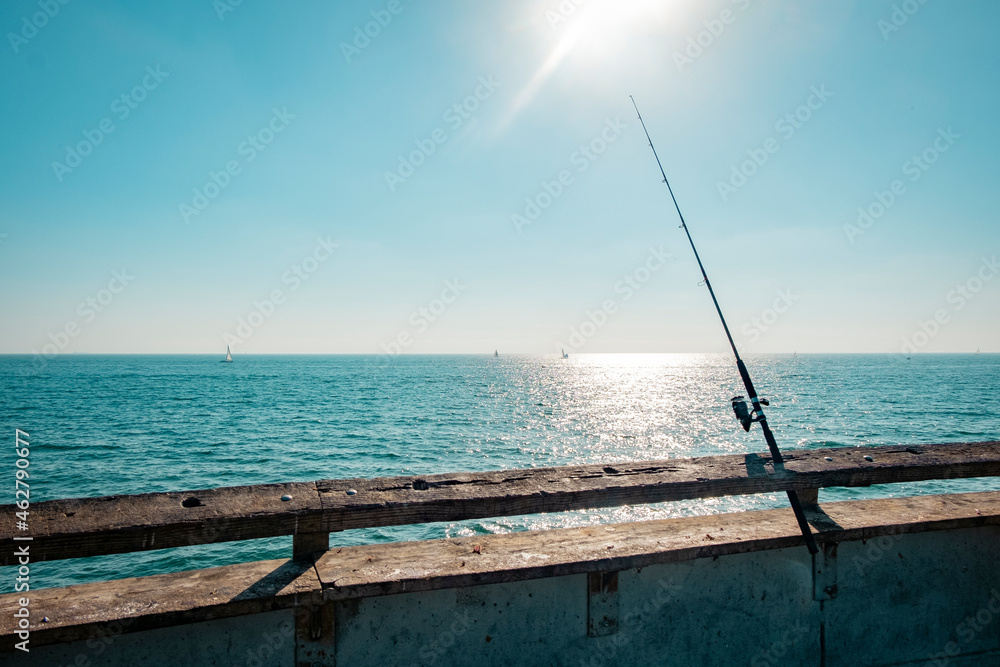 USA, California, Los Angeles, Fishing rod on the pier of Venice USA, California, Los Angeles, Fishing rod on the pier of Venice