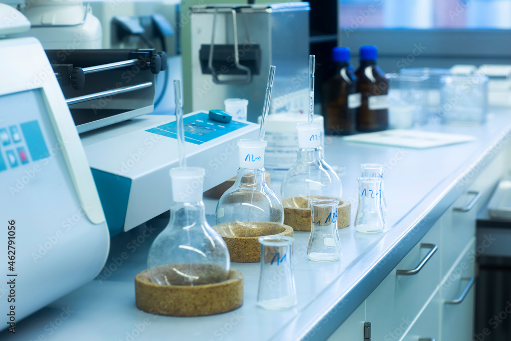 Laboratory glassware on table in lab Laboratory glassware on table in lab