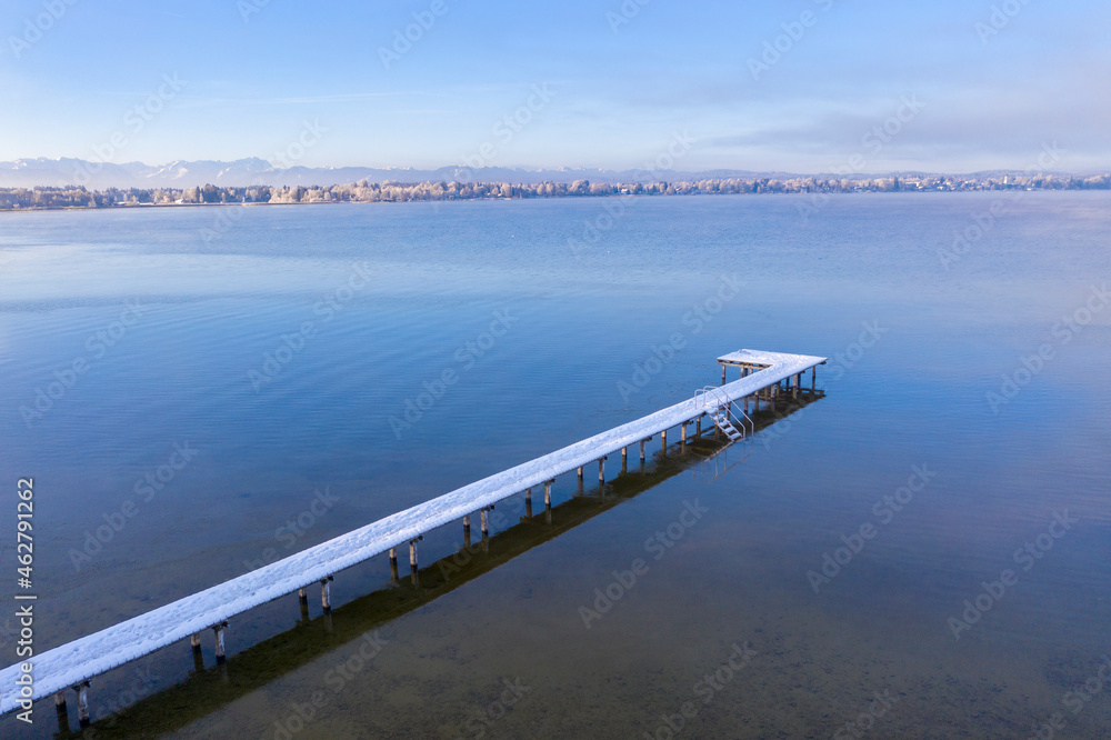 Germany, Bavaria, Sankt Heinrich, view over Lake Starnberg, snowy jetty, aerial view Germany, Bavaria, Sankt Heinrich, view over Lake Starnberg, snowy jetty, aerial view