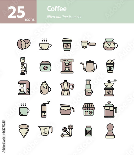 Coffee filled outline icon set. Vector and Illustration.