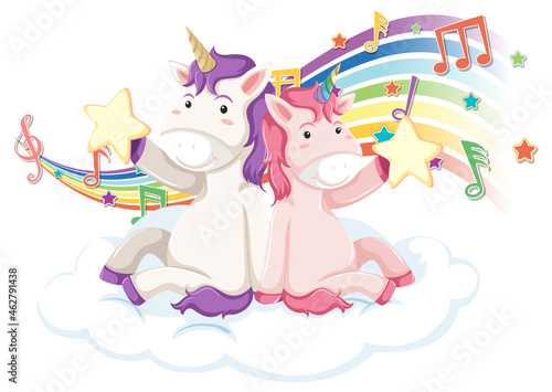 Two unicorns with melody symbols on rainbow