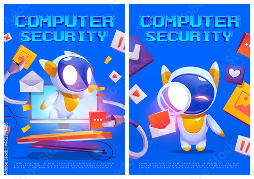 Computer security posters. Concept of data secure, safety internet technology. Vector landing page of information protect with cartoon illustration of PC and cute robot character, ai bot assistant