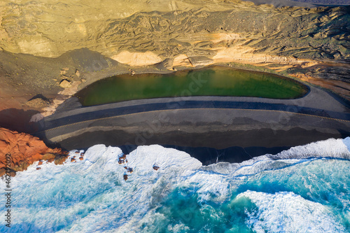 Spain, Canary Islands, Lanzarote, Aerial view of El Golfo, Charco de los Clicos, Montana del Golfo, Lago Verde photo