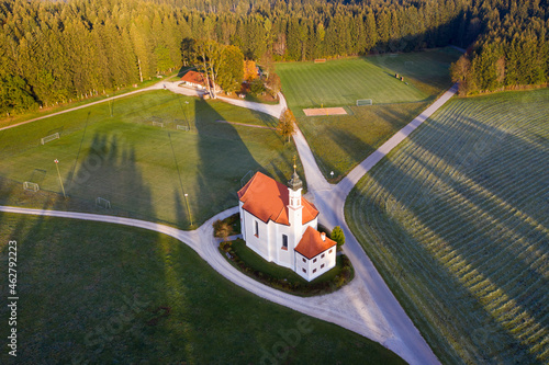 Germany, Bavaria, St. Leonhard church near Dietramszell, drone view photo