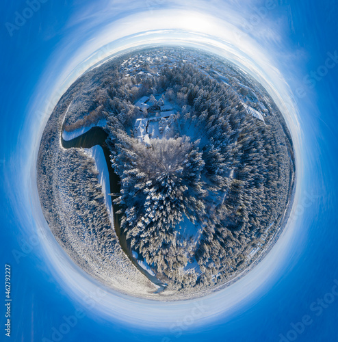 Germany, Bavaria, spherical panorama of Isar river and Geretsried in winter
