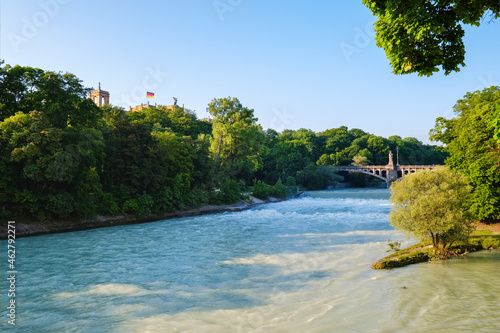 Germany, Upper Bavaria, Munich, Isar river with Maximilianeum and Maximiliansbrucke in distance photo