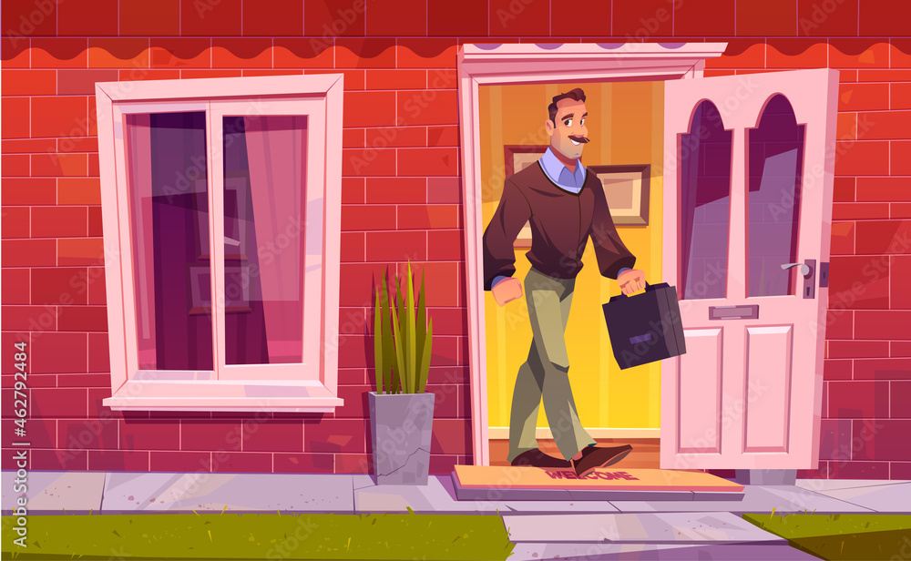Man leaving home and going to work. Vector cartoon illustration with