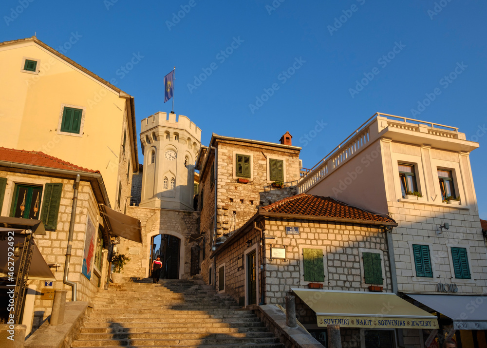 Montenegro, Bay of Kotor, Herceg Novi, old town with clock tower Montenegro, Bay of Kotor, Herceg Novi, old town with clock tower