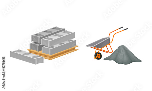 Building construction materials set. Pallet of concrete blocks and wheelbarrow vector illustration