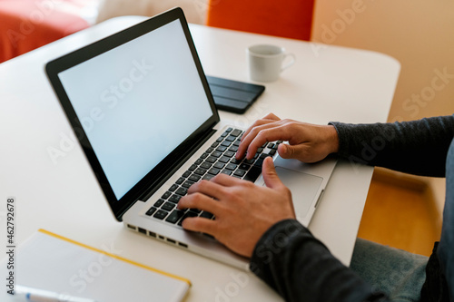 Man using laptop at table in living room photo