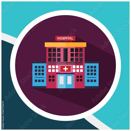 Hospital Flat Colored Icon. architectural design of a hospital building. Vector Hospital Building. Hospital building flat icon with long shadow.