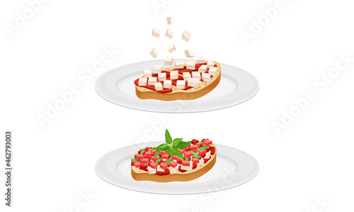 Bruschetta cooking set. Toast bread slices with tomato, cheese and meat ingredients vector illustration