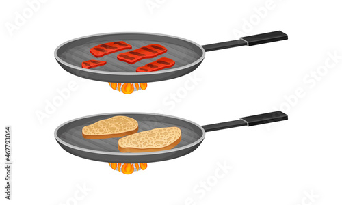 Bruschetta cooking set. Frying of bread and meat slices in pan vector illustration