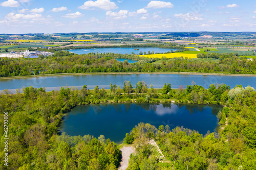Pond, Lake Woerth and Isar at Woerth an der Isar, Bavaria, Germany, drone shot photo