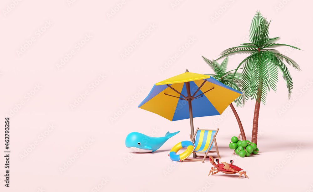 summer travel with beach chair,umbrella,palm tree ,coconut,whale,crab,lifebuoy isolated on pink background.shopping summer sale concept,3d illustration,3d render