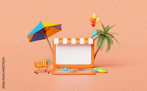 laptop computer monitor with store front,palm tree,cart,shopping paper,balloon,lifebuoy,whale,boat,gift box isolated on orange background.online shopping summer sale concept, 3d illustration,3d render photo
