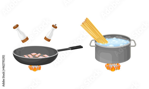 Pasta cooking process set. Boiling pasta and frying ham in pan vector illustration