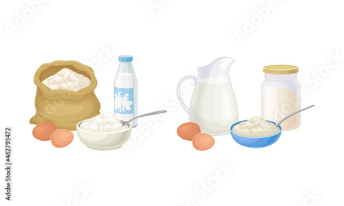 Pancakes cooking process set. Mixing dough step vector illustration