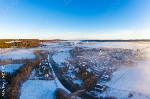 Germany, Bavaria, Gelting and Loisach, morning mood in winter, aerial view photo