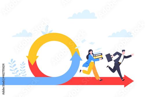 Agile development methodology business concept flat style design vector illustration isolated on white background. Agile life cycle for software development diagram. Business people run into project.
