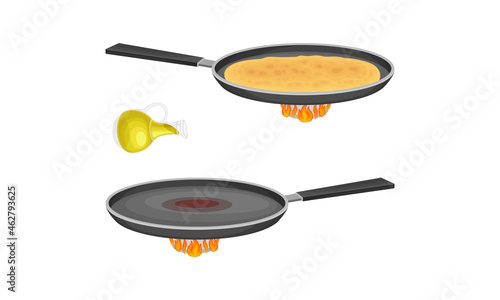 Pancakes cooking process set. Pancake cooking in frying pan vector illustration