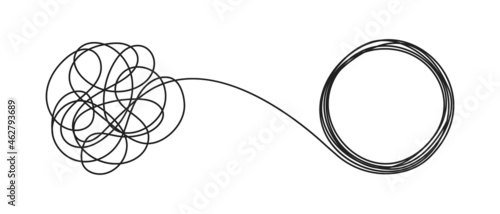 Chaos and order business concept flat style design vector illustration isolated on white background. Tangled disorder turns into circle order line, find solution. Coaching, mentoring or psychotherapy.