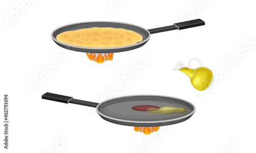 Pancakes cooking process set. Pancake cooking in frying pan on burner vector illustration