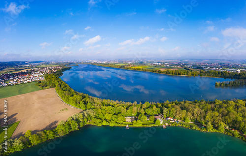 Altheim reservoir, Isar, pond in local recreation area Gretlmuehle, near Landshut, Bavaria, Germany, drone shot photo
