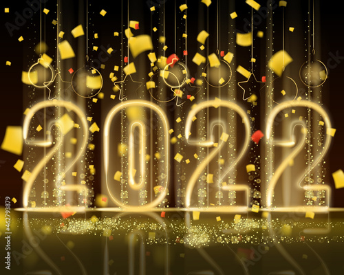 2022 New Year shiny gold color shiny numbers banner. Realistic text flash light, golden particles, glitter, sparkles dust, black background. Vector illustration greeting card