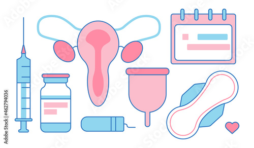 Impacts of Vaccines on Menstruation. Vaccines Covid-19 and Menstrual Cycle. Reproduction changes after coronavirus injection. Menstruation concept. Feminine hygiene products and vaccine with syringe
