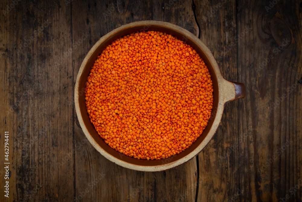 Overhead view of bowl of organic red lentils Overhead view of bowl of organic red lentils