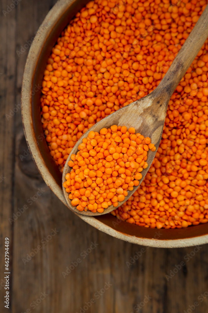 Overhead view of bowl of organic red lentils Overhead view of bowl of organic red lentils