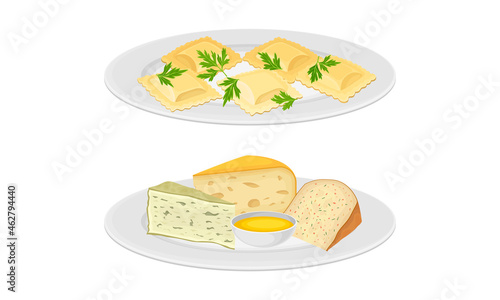 Italian cuisine dishes set. Ravioli and different types of cheese vector illustration