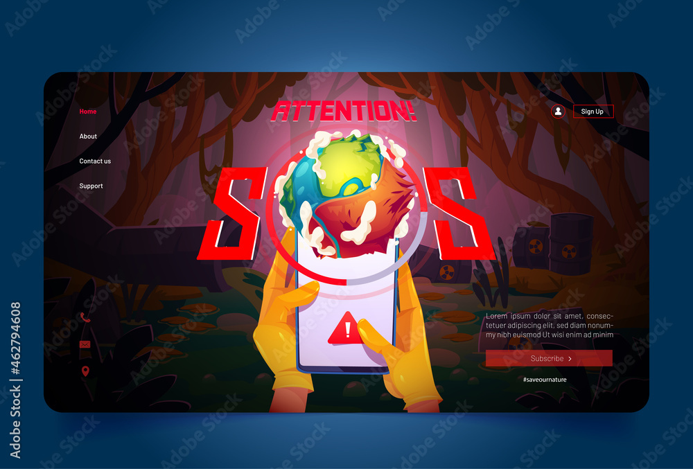 Save the planet cartoon landing page, smartphone in hands, app show sos  sign near polluted pond and pipe emitting water with toxic liquid.  Environment protection, eco conservation vector web banner Stock Vector |