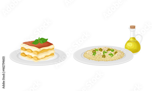Italian traditional food set. Risotto and tiramisu tasty dishes vector illustration