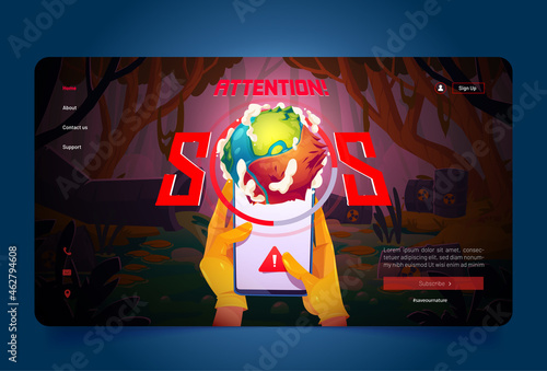 Save the planet cartoon landing page, smartphone in hands, app show sos sign near polluted pond and pipe emitting water with toxic liquid. Environment protection, eco conservation vector web banner