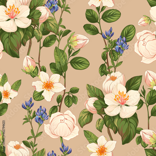 Botanical seamless pattern: rose, berry and wildflowers