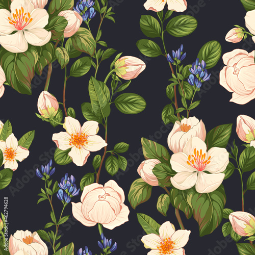 Botanical seamless pattern: rose, berry and wildflowers